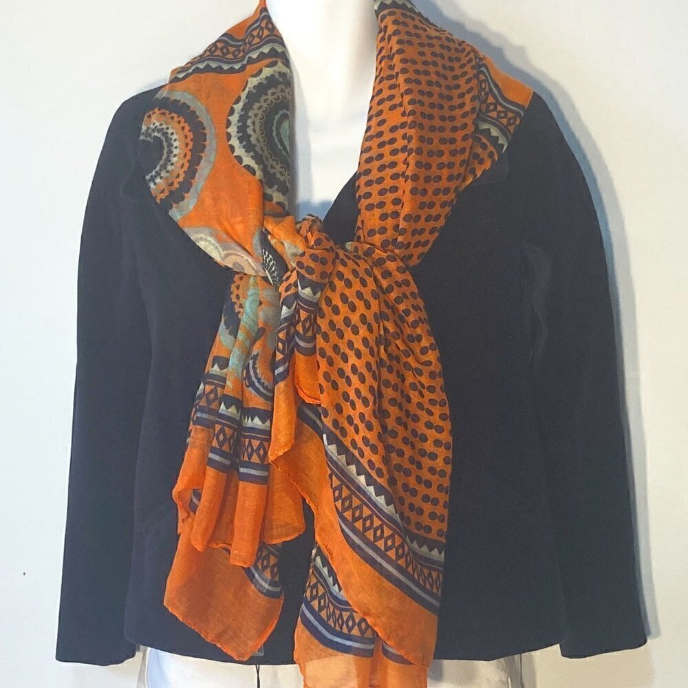 Treska NWT long scarf color block print artsy sheer wrap shawl 72 x 31